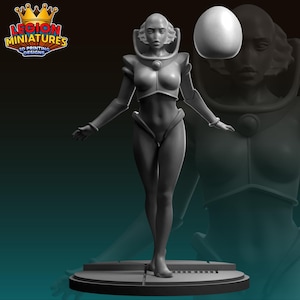 Puede incluir: Miniatura gris impresa en 3D de una figura femenina con un traje espacial futurista. La figura está de pie sobre una plataforma circular. El logotipo "LEGION MINIATURES 3D PRINTING DESIGNS" está en la esquina superior izquierda.