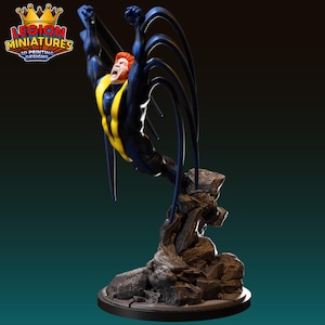 May include: A 3D-printed figurine of a superhero in a dynamic pose, with arms raised and a screaming expression. The figure is clad in a black and yellow suit, with red hair. The base is a rocky terrain. The logo "LEGION MINIATURES 3D PRINTING DESIGNS" is visible.