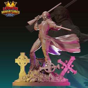 May include: A 3D-printed miniature of a woman in a long coat, holding a rifle and a pistol. The figure stands on a rocky base with cross-shaped tombstones. The logo "LEGION MINIATURES 3D PRINTING DESIGNS" is visible in the upper left corner.