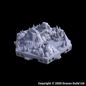May include: A light gray miniature mountain scene with trees, a bridge, and a tunnel. The base has arched openings. The copyright notice at the bottom reads "Copyright © 2020 Graven Guild Ltd."