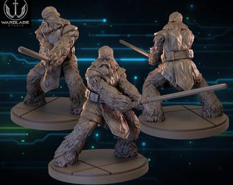 May include: Three detailed figurines of a furry humanoid character in a dynamic pose, holding a cylindrical weapon. The figures are in shades of gray and brown, standing on circular platforms. The Wardlade Studio logo is in the upper left corner.