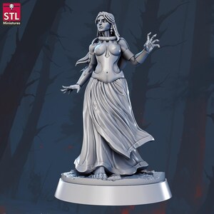 May include: A grey 3D-printed miniature of a woman in a flowing gown, with detailed hair and clothing. The figure has outstretched arms, standing on a textured base. The STL Miniatures logo is in the upper left corner.