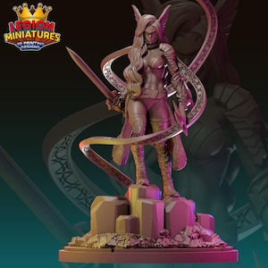 May include: A 3D-printed miniature of a female warrior, holding a sword and standing on a rocky base. The figure has long hair and is wearing armour. The Legion Miniatures logo is in the upper left corner.