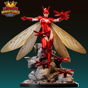 May include: A red and gold figurine of a female superhero with insect-like wings and antennae. The figure is posed on a rocky base, surrounded by red insect figures. The logo "LEGION MINIATURES 3D PRINTING DESIGNS" is in the upper left corner.