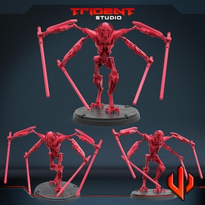 Op de afbeelding: Een rode General Grievous-figuur met vier armen, elk met een rood lichtzwaard. De figuur staat op een grijze, cirkelvormige basis. Het Trident Studio-logo is zichtbaar.