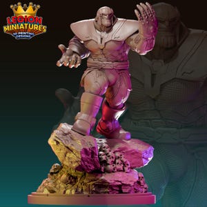 May include: A detailed figurine of Thanos, a character from Marvel Comics, stands on a rocky base with skulls. The figure is predominantly gray and purple, with a golden gauntlet. The logo "LEGION MINIATURES 3D PRINTING DESIGNS" is visible.