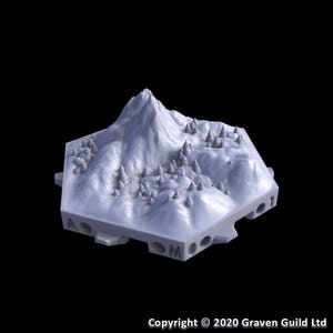 May include: A light gray, hexagonal terrain piece featuring a mountain range with detailed peaks and miniature tree models. The base has several circular cutouts and the text "M" and "1". Copyright 2020 Graven Guild Ltd.