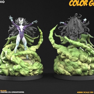 Puede incluir: Una miniatura impresa en 3D de Lilith con cabello largo oscuro, un body morado y piel blanca, sobre una base de 50mm rodeada de humo verde. El texto dice C27 STUDIO, COLOR GUIDE, LILITH y 40MM SCALE.
