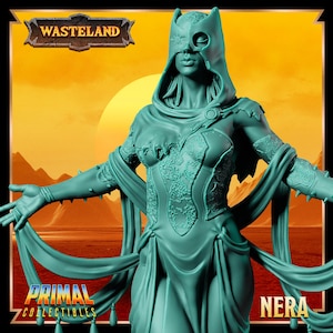 May include: A teal-colored statue of a woman with a hooded mask, intricate lace-like detailing, and flowing fabric. The statue is labeled "Nera" and "Primal Collectibles" with a "Wasteland" logo. The background features a sunset.