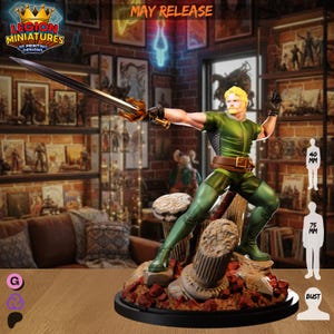 May include: A blonde male figurine in a green tunic and boots, holding a long sword with a gold hilt. The figure stands on a base of rocky debris and broken stone columns. A scale graphic on the right shows 40 mm and 75 mm height options.