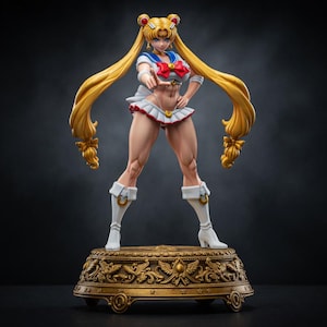 May include: A muscular anime-style character figurine with long blonde hair in twin tails, wearing a white and blue sailor-inspired outfit with a red bow, white boots, and gold accents, standing on an ornate, circular, metallic gold-coloured base.