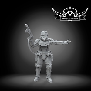 May include: A gray miniature figurine of a soldier wearing a helmet and tactical armor, holding a blaster weapon in one hand and extending the other arm. The figure features detailed chest gear, utility pouches, and the text Black Remnant.