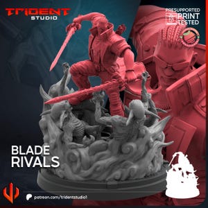 Könnte beinhalten: Rote 3D-gedruckte Figur eines Kriegers mit zwei Schwertern, der auf einer Basis mit Monsterfiguren steht. Die Figur stammt von Trident Studio, mit dem Text "Blade Rivals" und "Presupported Print Tested".