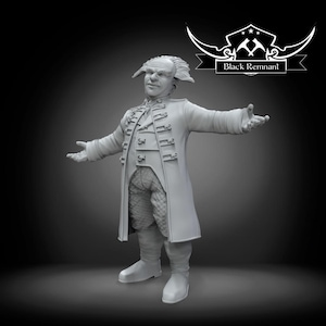 May include: A gray figurine of a man in a long coat, waistcoat, and breeches, with his arms outstretched. The figure has a distinctive hairstyle and is wearing boots. The image includes the text "Black Remnant" in a banner above the figure.