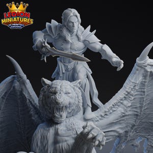 May include: A detailed, gray miniature figure of a warrior holding a sword, riding a winged tiger. The figure is from Legion Miniatures 3D Printing Designs. The tiger has its mouth open, and the warrior is in a battle stance.