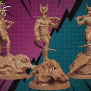 May include: Three brown figurines of a muscular character with horns, a crown, and a sword, standing on a textured base. The background is a mix of purple and teal with black lightning bolt shapes.