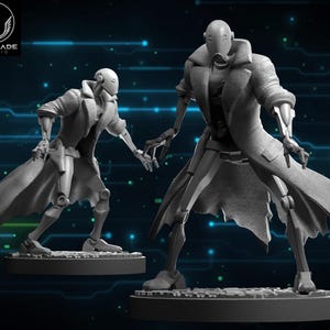 May include: Two gray, futuristic robot figures, one standing and one in a dynamic pose, both wearing long coats. The figures are on a textured base. The logo "WARDLADE STUDIO" is in the upper left corner.