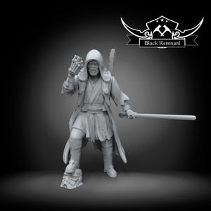 Peut inclure: Figurine grise d'un personnage encapuchonné tenant un sabre laser et une main mécanique. La figurine est debout sur un casque. Le texte "Black Remnant" est au-dessus de la figurine.