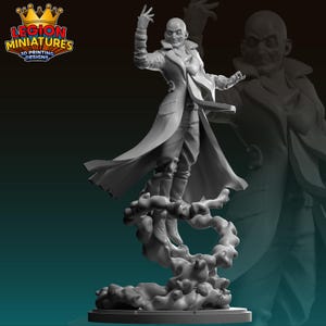 Peut inclure: Une figurine miniature grise d'une personne chauve en long manteau, bottes et pantalon, debout sur une base en forme de nuage. La figurine a un bras levé et l'autre tendu. Le logo "LEGION MINIATURES 3D PRINTING DESIGNS" est en haut à gauche.