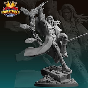 Puede incluir: Miniatura gris impresa en 3D de un personaje en pose dinámica, sosteniendo un báculo y una espada. La figura lleva un abrigo largo y botas, de pie sobre una base detallada. El logotipo de Legion Miniatures está en la esquina superior izquierda.