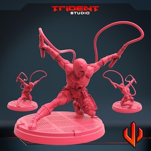 May include: A red action figure of a superhero in a dynamic pose, holding two whips. The figure is on a circular base with a grid pattern. The Trident Studio logo is at the top.