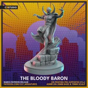 Puede incluir: Una detallada figura de "The Bloody Baron" de C27 Studio, de pie sobre una base de piedra. La figura es un humanoide de piel pálida con una capa, posando con los brazos extendidos. La base es de 40 mm sobre una base de 35 mm y una escala de 75 mm. Fondo de paisaje urbano.