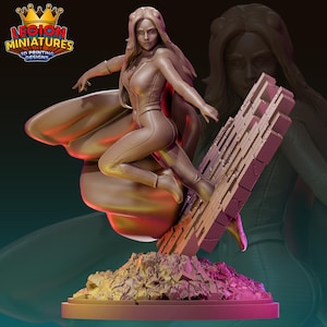 May include: A 3D-printed figurine of a woman in a dynamic pose, wearing a form-fitting suit and cape. The figure is perched on a crumbling structure, with a logo in the upper left corner. The color palette is primarily bronze and pink.