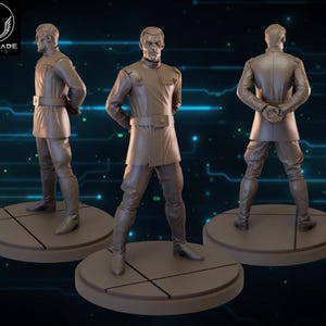May include: Three statues of a man in a military-style uniform, each on a circular base. The statues are a muted brown color, with detailed features including a belt, boots, and a high-collared jacket. The background is a dark blue with a digital circuit design.