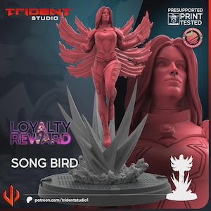 May include: A 3D-printed figurine of Song Bird, a female superhero, in a dynamic pose. The figure is a solid pink color, with detailed wings and costume. The base is gray with the text "SONG BIRD" and "LOYALTY REWARD". The Trident Studio logo is visible.