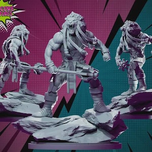 May include: Three gray warrior figurines with lion-like manes and detailed armor stand on rocky platforms. One holds a staff, another a spiked weapon. The background is a vibrant mix of purple, teal, and black.