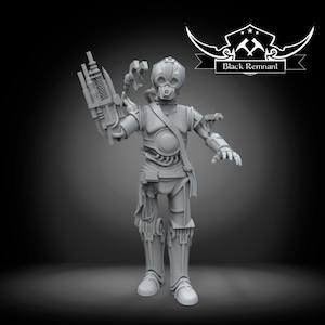 May include: A gray, detailed figurine of a robotic character, holding a weapon in its right hand. The figure has a mask-like face and mechanical details. The text "Black Remnant" is displayed above the figure.