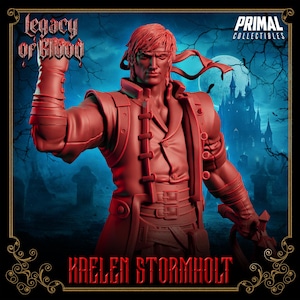 Op de afbeelding: Een rood getinte verzamelbare figuur van Kaelen Stormholt uit "Legacy of Blood". De figuur poseert met een zwaard en heeft een gedetailleerde jas en haar. De achtergrond toont een spookachtig kasteel en kerkhof.