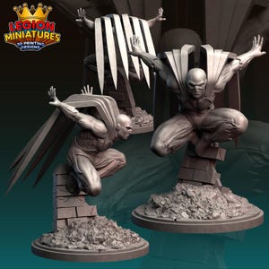 May include: Three gray statues of a bald figure in a crouching pose with arms outstretched. The statues have a cape-like design and are mounted on a base of rubble and brick. The logo "LEGION MINIATURES 3D PRINTING DESIGNS" is in the upper left corner.
