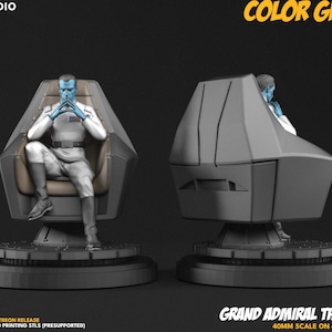 May include: A 3D printed figurine of a blue-skinned character in a white uniform sitting in a dark grey command chair on a 40mm base. The figure has hands clasped near the face. Text includes C27 STUDIO, COLOR GUIDE, and GRAND ADMIRAL THRAWN.