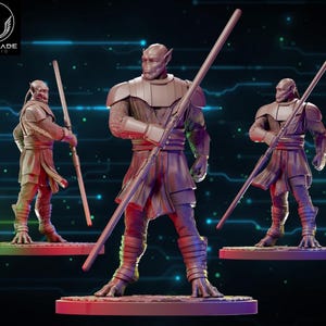 May include: Three detailed figurines of humanoid figures with pointed ears, holding long staffs. They wear armor and tunics in shades of brown and gray. The figures stand on circular bases, set against a dark background with blue and green lines. The Wardlade Studio logo is in the upper left.