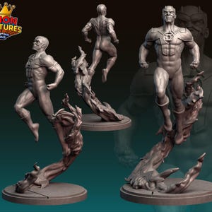 Op de afbeelding: Een verzameling grijze 3D-geprinte superheldenbeeldjes. De figuren staan in dynamische poses, gemonteerd op gestileerde bases. Het logo "LEGION MINIATURES 3D PRINTING DESIGNS" is zichtbaar. De figuren zijn gedetailleerd en lijken uit een stripboek te komen.