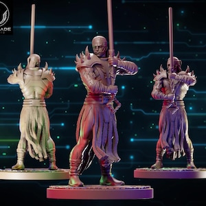 May include: Three detailed statues of a warrior figure holding a sword. The figures are in a dynamic pose, with armor and flowing fabric. The statues are on circular bases, with the Wardlade Studio logo in the upper left corner.