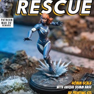 May include: A miniature figurine of a female character in a blue and white futuristic suit, with red hair, posed dynamically. The base is a dark gray circle. The word "RESCUE" is prominently displayed. Text includes "40MM SCALE" and "3D PRINTING STL".