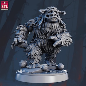 May include: A detailed 3D-printed miniature of a furry, horned creature with a stern expression. The figure stands on a circular base with three spherical objects. The STL Miniatures logo is visible in the upper left corner.