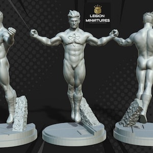 May include: A gray miniature figure of a superhero in a dynamic pose, arms outstretched. The figure is on a round base with a rocky support. The Legion Miniatures logo is in the upper right corner. The figure has a symbol on the chest.