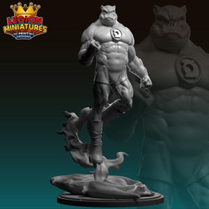 May include: A gray 3D-printed figurine of a muscular humanoid alien with a Green Lantern emblem on its chest. The figure is posed mid-stride, standing on a stylized base. The Legion Miniatures logo is in the upper left corner.