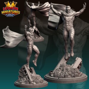 May include: A gray 3D-printed figurine of a superhero in a dynamic pose, wearing a cape and standing on a rubble base. The figurine has detailed armor and is mid-air with arms outstretched. The logo "LEGION MINIATURES 3D PRINTING DESIGNS" is visible.