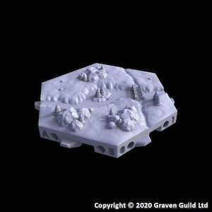 May include: A light gray, hexagonal terrain piece with a snowy landscape. The miniature features small trees, hills, and a staircase. The base has several arched openings. Copyright 2020 Graven Guild Ltd.