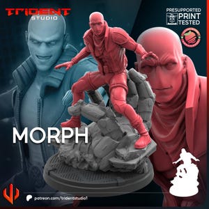 Könnte beinhalten: Eine rote 3D-gedruckte Figur eines kahlköpfigen Charakters in Jacke und Hose, dynamisch auf einem felsigen Sockel positioniert. Die Figur ist mit MORPH beschriftet und enthält Text wie TRIDENT STUDIO und PRESUPPORTED PRINT TESTED.