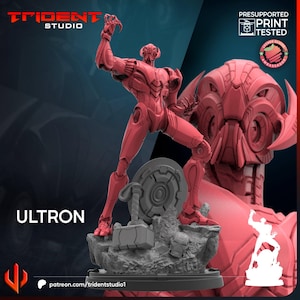 Puede incluir: Una figura roja de Ultron de Trident Studio, posando dinámicamente sobre una base rocosa con un martillo y un escudo. La palabra "ULTRON" se muestra en letras blancas. La imagen también incluye el texto "PRESUPPORTED PRINT TESTED".
