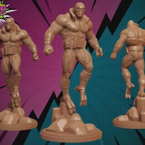 May include: Three brown action figure statues of a muscular character in a dynamic pose. The figures are on a rocky base, with detailed armor and a determined expression. The background is a mix of purple and teal.