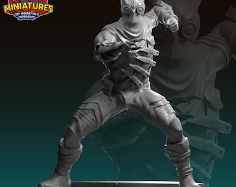 May include: A grey 3D-printed figurine of a masked character in a dynamic pose. The figure is wearing a detailed costume with segmented armour and boots. The Legion Miniatures logo is visible in the upper left corner.