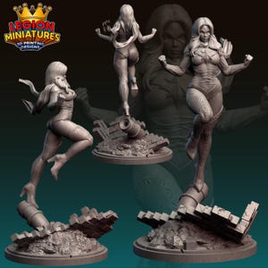 May include: Three 3D-printed figurines of a female superhero in dynamic poses. The figures are in a neutral color, with detailed costumes and flowing hair. Each figure is posed on a base with rubble and a cannon.