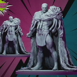 May include: A gray figurine of a muscular male figure with a bald head, wearing a cape and boots. The figure has a stern expression and is standing on a platform. A second, smaller figurine is visible in the background.
