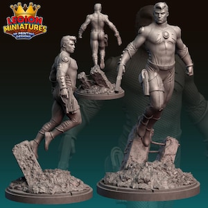 May include: A 3D-printed miniature of a male figure in a futuristic suit, posed dynamically on a rubble-strewn base. The figure is holding a weapon and has a determined expression. The logo "Legion Miniatures 3D Printing Designs" is in the upper left corner.